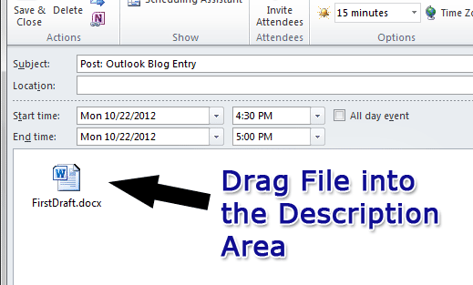 Outlook screenshot showing where to drag and drop files