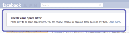 Facebook screenshot showing the spam filter message