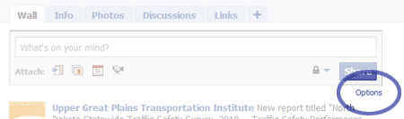 Facebook screenshot showing the Options link