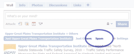 Facebook screenshot showing the Spam filter link