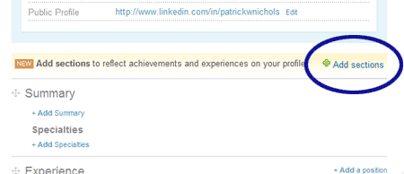 LinkedIn screenshot showing the Add Sections link