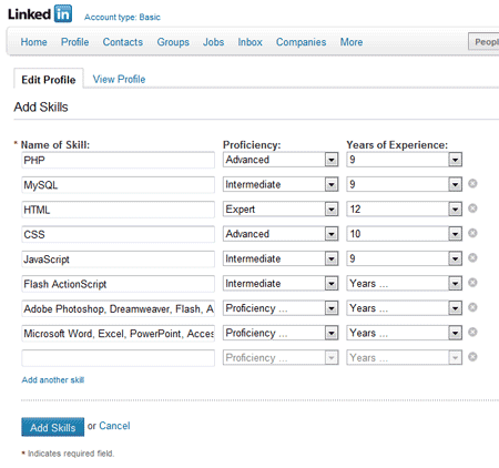 LinkedIn screenshot showing the form to edit the skills section