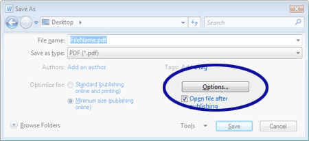 Word 2010 screenshot showing the Save As Options button