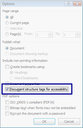 Word 2010 screenshot showing the PDF Options box