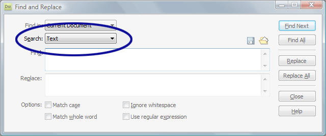 Dreamweaver screenshot showing the Search field set to Text
