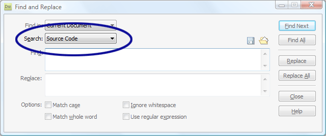 Dreamweaver screenshot showing the Search field set to Source Code
