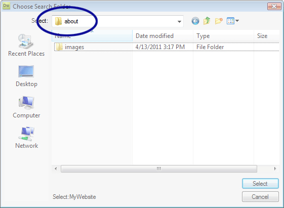 Dreamweaver screenshot showing how to select a folder