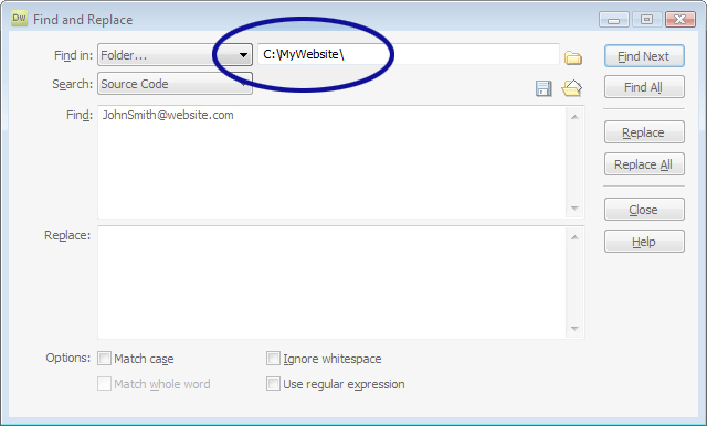 Dreamweaver screenshot showing that an incorrect folder was selected