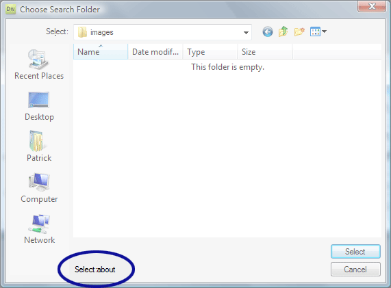 Dreamweaver screenshot with the Select indicator now showing the correct folder