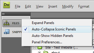 Dreamweaver screenshot showing the Files panel options