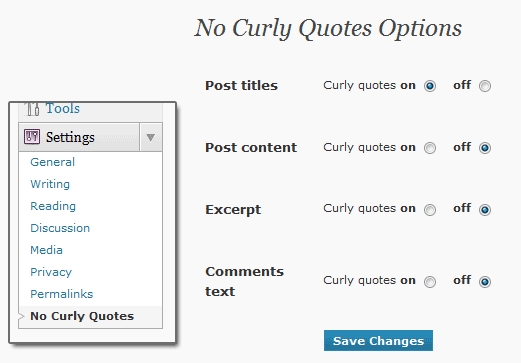 WordPress screenshot showing the options for the No Curly Quotes plugin