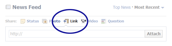Facebook screenshot showing the option for posting a link
