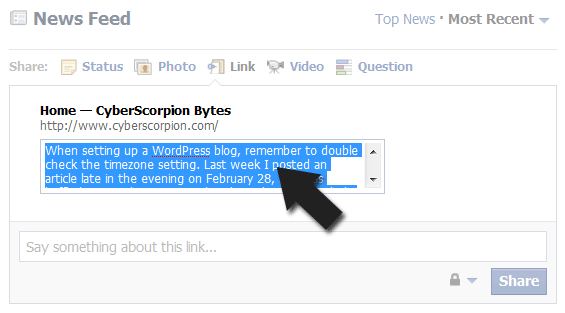 Facebook screenshot showing how to modify a link description