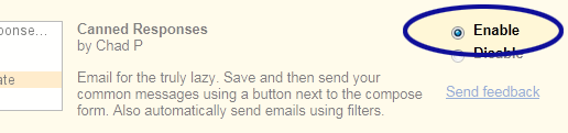 Gmail screenshot showing how to enable canned responses