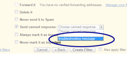 Gmail screenshot showing the drop-down menu for selecting a canned response