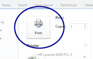 Word 2010 screenshot showing the Print button