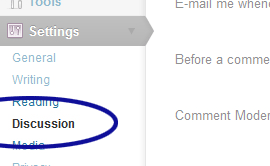 WordPress screenshot showing the Discussion menu option