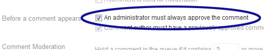 WordPress screenshot showing the checkbox option to prevent comments from being auto-approved