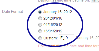 Screenshot of WordPress' date format setting