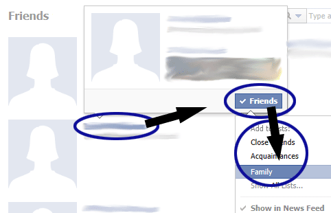 Screenshot showing how to organize people in Facebook