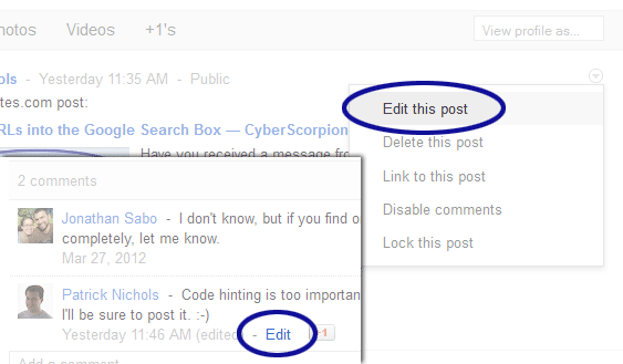 Screenshot showing the option for editing posts and comments in Google+
