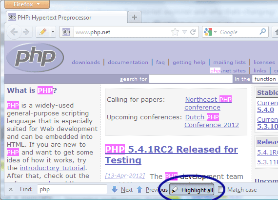Screenshot showing the highlight all option in Firefox