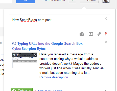 Screenshot showing how Google+ incorporates link information