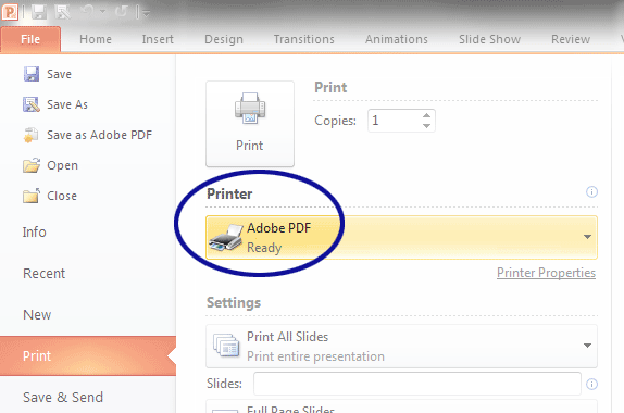 PowerPoint screenshot showing the option for printing to PDF