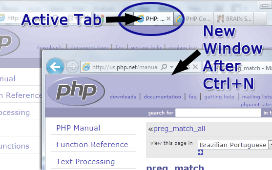 Internet Explorer screenshot showing the Ctrl+N shortcut