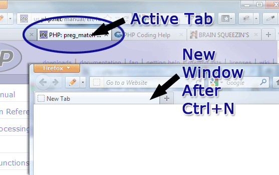 Firefox screenshot showing the Ctrl+N shortcut