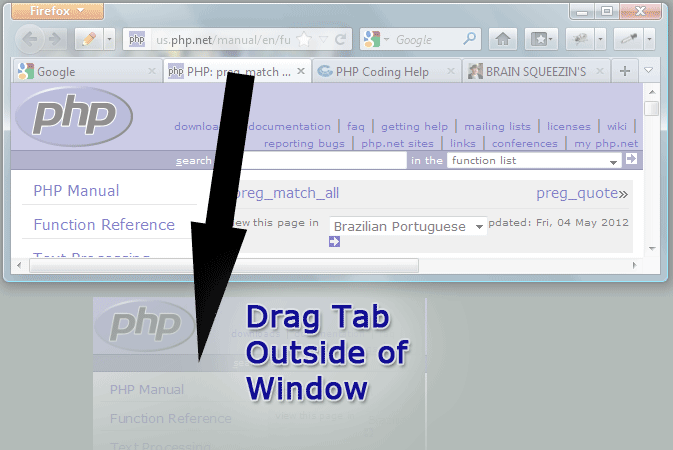 Firefox screenshot showing how to drag browser tabs to their own window