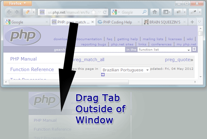 Firefox screenshot showing how to drag browser tabs to their own window Firefox screenshot showing how to drag browser tabs to their own window
