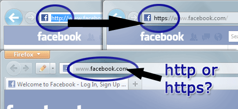 Screenshot showing that Firefox doesn't redirect Facebook to HTTPS