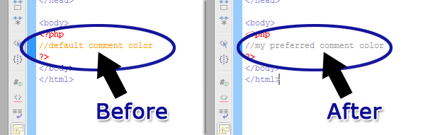 Dreamweaver screenshot showing before and after the custom code colors are restored