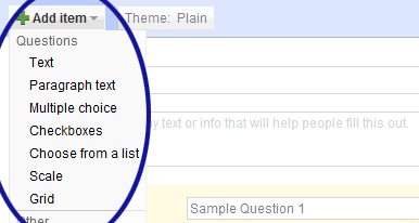 Screenshot showing the question types available for Google Forms