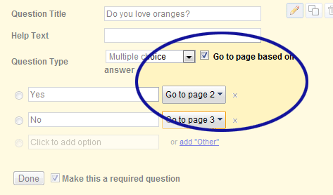 Screenshot showing how to add page logic to Google Forms