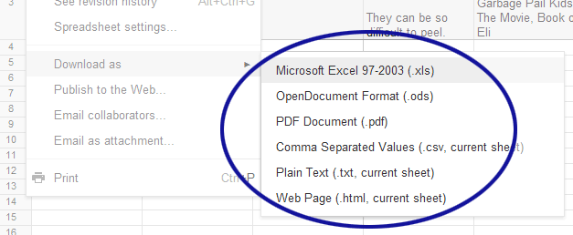 Screenshot showing the export options in Google forms