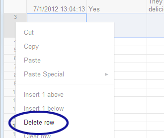 Screenshot showing how to delete a row in Google spreadsheets