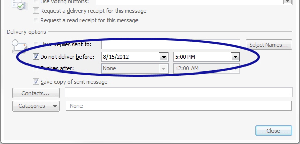 Outlook screenshot showing the delivery date options