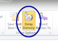 Outlook screenshot showing the highlighted Delay Delivery button