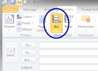 Outlook screenshot showing how to unhide the BCC field