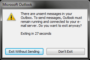 Outlook screenshot showing the pending messages warning