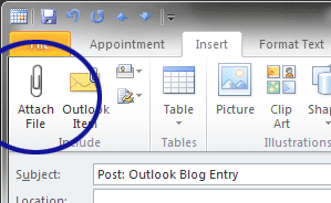 Outlook screenshot showing the option for manually attaching files