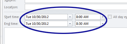 Outlook screenshot showing where to set the start and end dates and times
