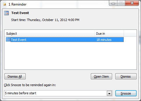 Outlook screenshot showing an example reminder