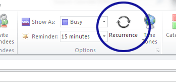 Outlook screenshot showing the recurrence button