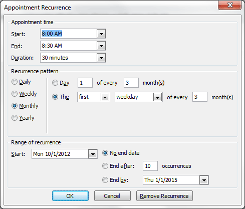 Outlook screenshot showing the appointment recurrence options