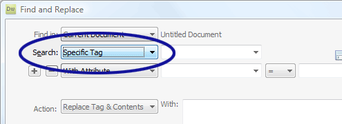 Dreamweaver screenshot showing the Specific Tag option