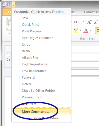 Outlook screenshot showing the "More Commands..." option