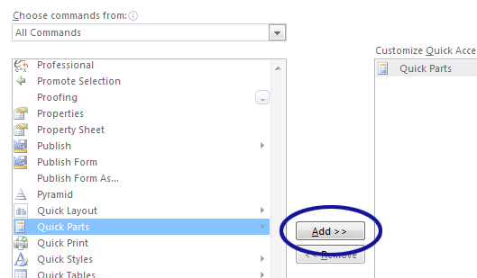 Outlook screenshot showing how to add the Quick Parts feature